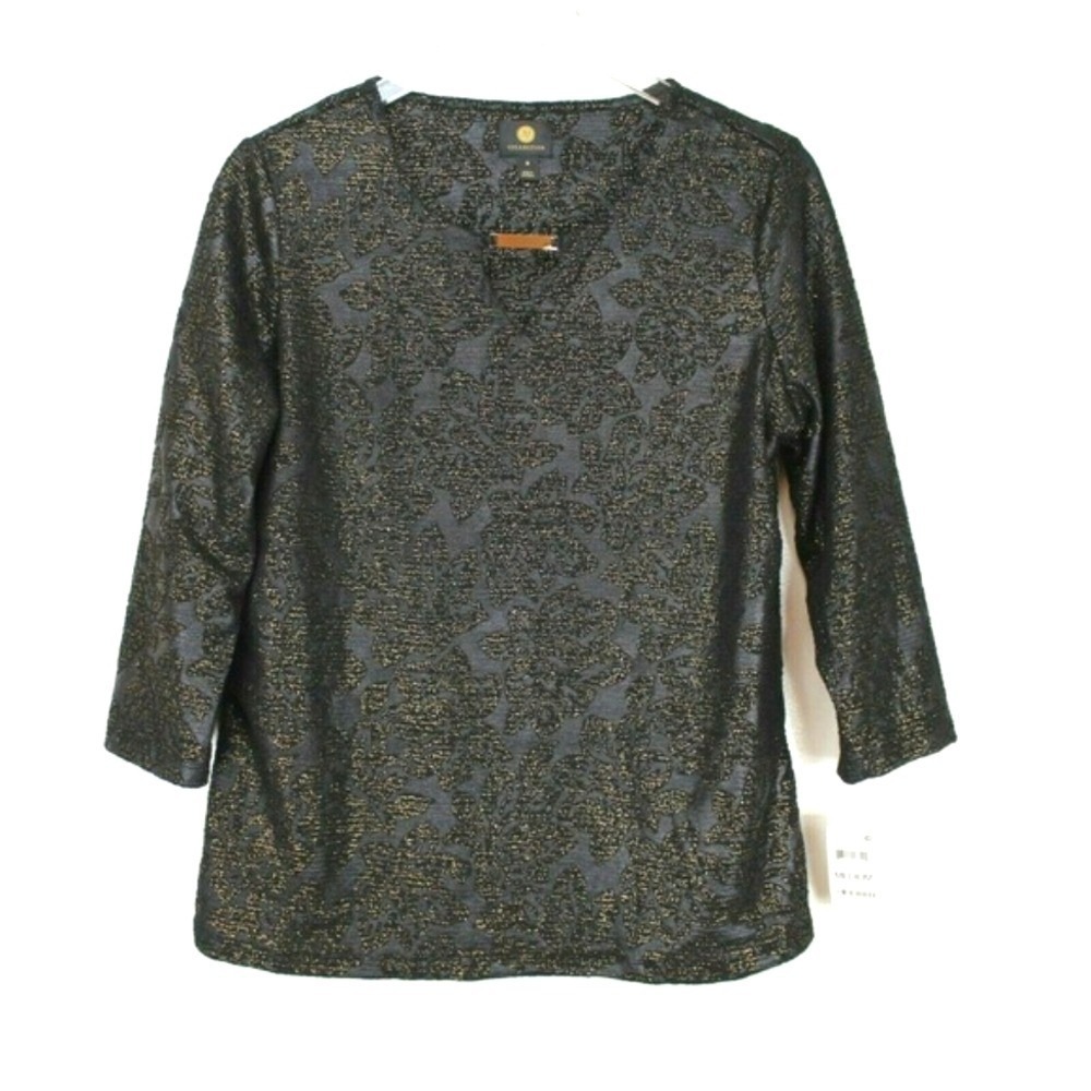 JM Collection Metallic Top PL Keyhole Black Gold Floral 3/4 Sleeve‎ Metallic